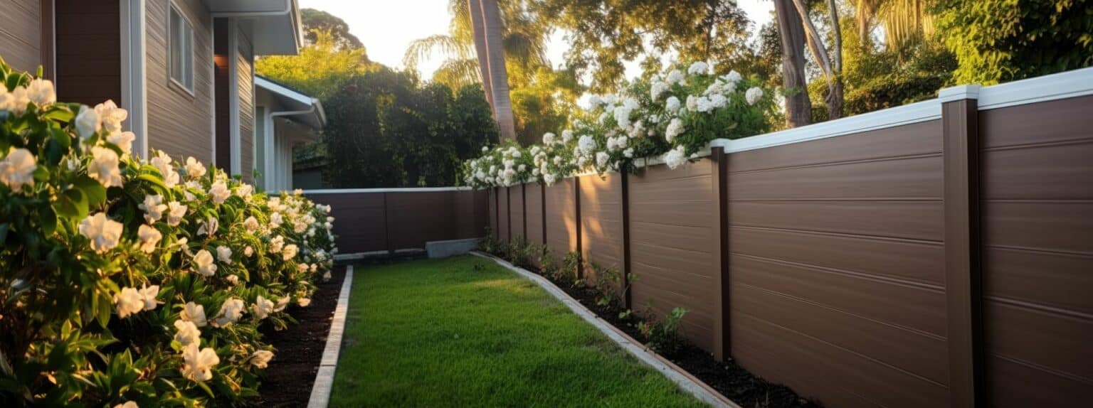Vinyl colored fence with lush grassy walkway and borders that feature beautiful flowers