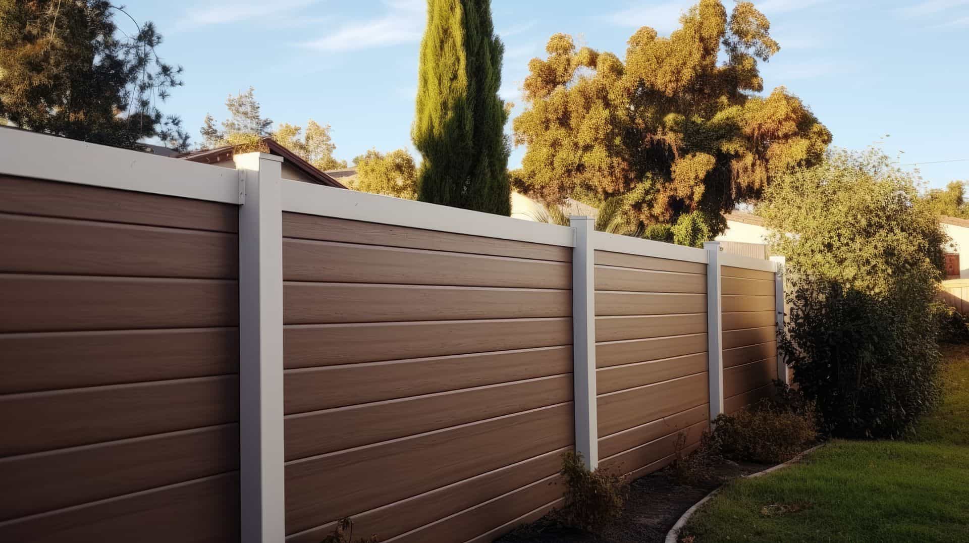Vinyl privacy two-tone beige and brown fence in backyard with lush grassy lawn multiple trees and small plants.