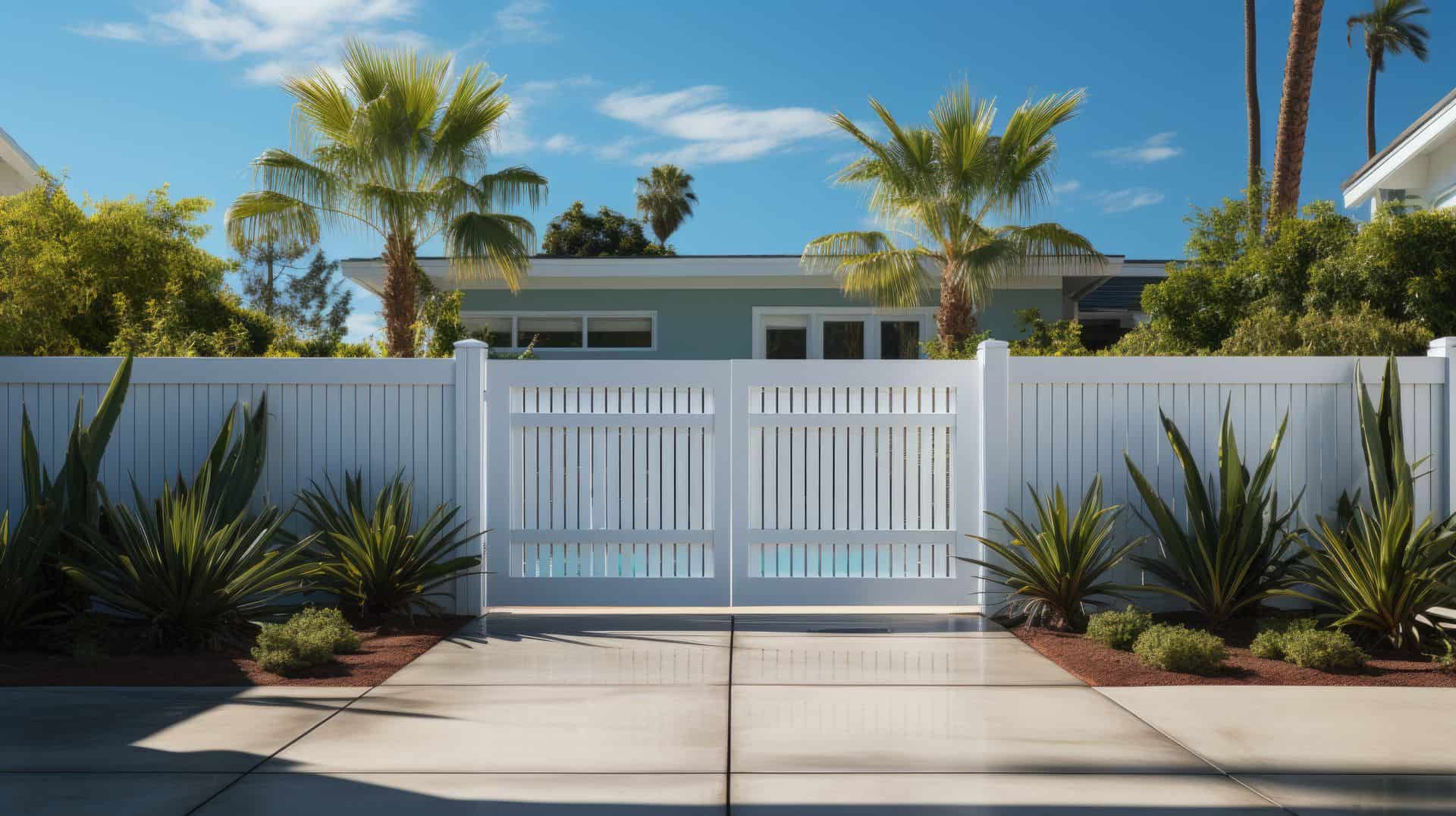 Vinyl fence gate & concrete floor by poolside of modern suburban house. A serene setting with trees in background.