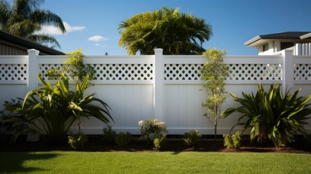 Vinyl lattice fence with garden behind it visually separates the driveway from the house, its lawn, and small garden.