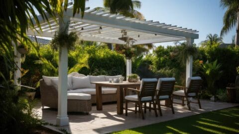 Vinyl patio cover over concrete platform with small plants, grassy lawn, and wooden table and chairs for outdoor relaxation.