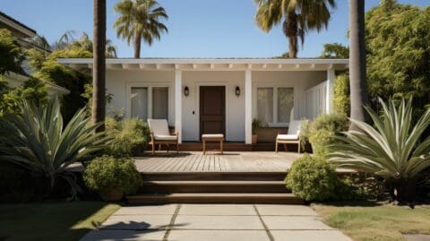 Vinyl solid patio cover over wooden platform, adorned with small plants, on grassy lawn with concrete walkway.