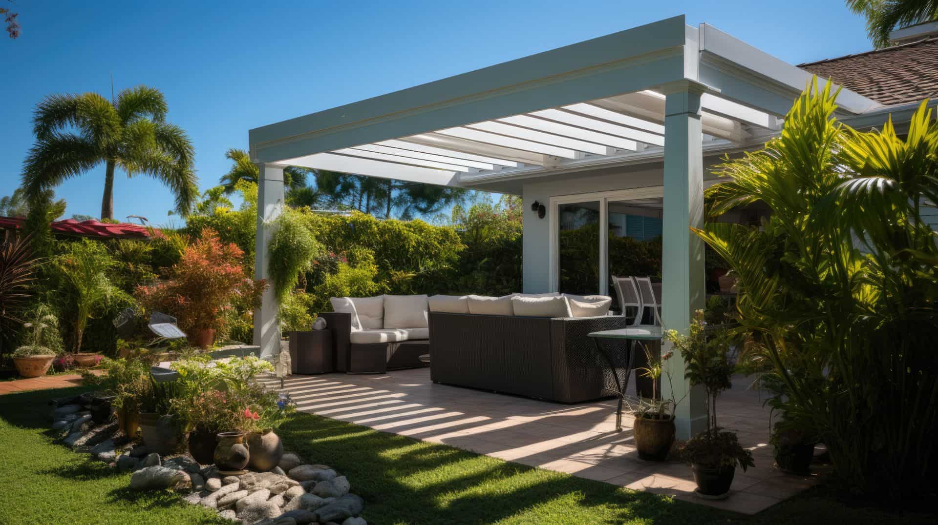 Outdoor oasis: Vinyl patio cover, concrete platform, lush potted plants, grassy lawn, perfect relaxing spot.