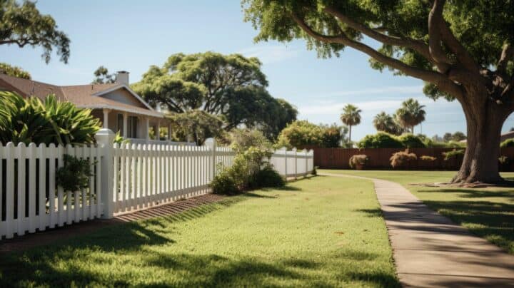Vinyl picket fence surrounding ranch style suburban house in front of grassy lawn with large trees and concrete sidewalk