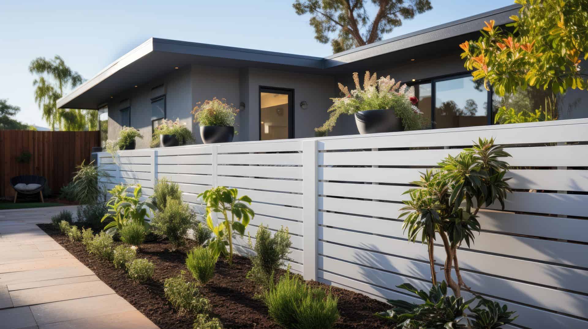 Vinyl picket fence with gates opening up to individual concrete driveways from the road along with each front lawn