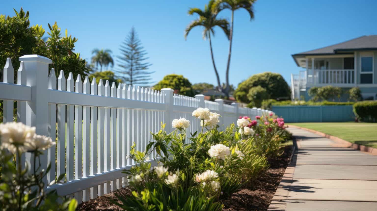 Vinyl picket fence bordering front lawn with trees and small bushes and separating it from concrete sidewalk