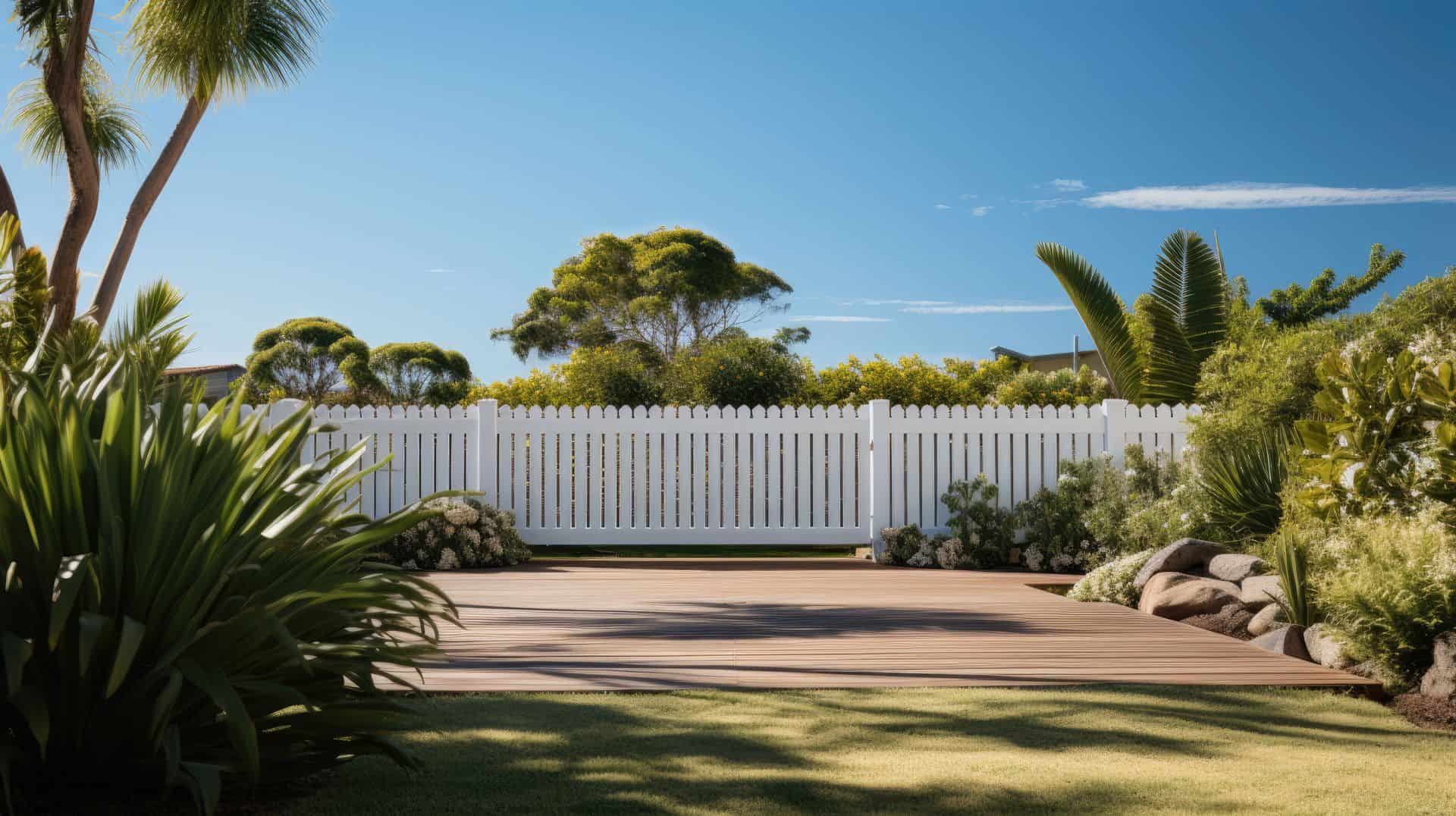Vinyl picket fence behind large tree on front lawn with wooden platform and hedge wall with lush garden and plants.