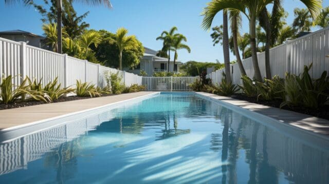 Vinyl pool fence with gate keeping the pool area with concrete boundary walls and flooring from the rest of the house.