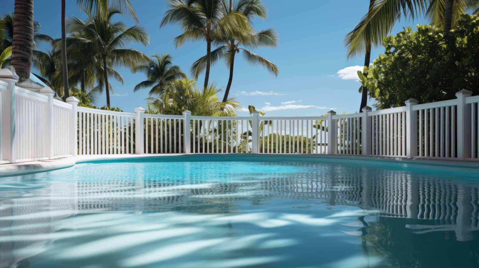 Vinyl pool fence behind small garden patch with palm trees, large bushes and uniquely shaped oval pool.