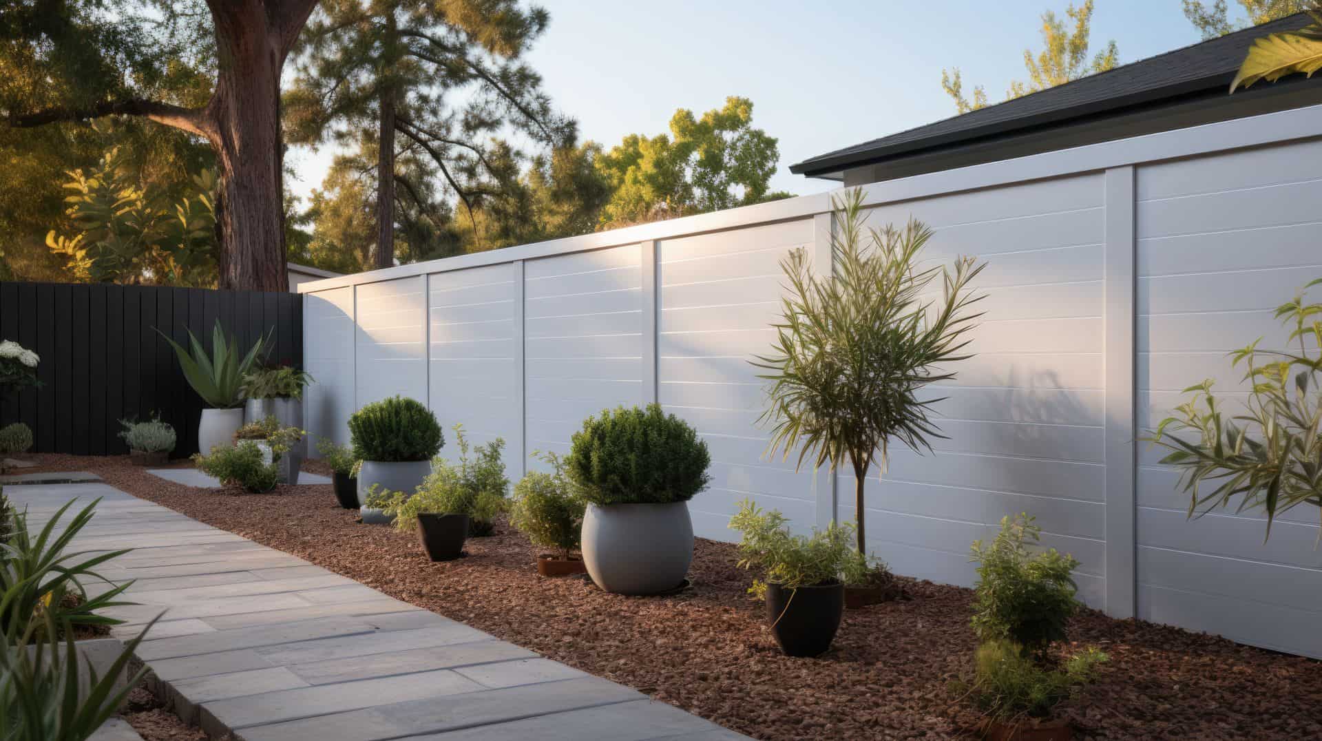 Large vinyl privacy fence separating two houses from the backyard with a small vertical garden and concrete walkway.