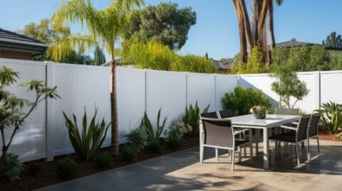 Vinyl picket fence connected to taller privacy fence separates the concrete backyard from the neighbor's grassy lawn with trees.