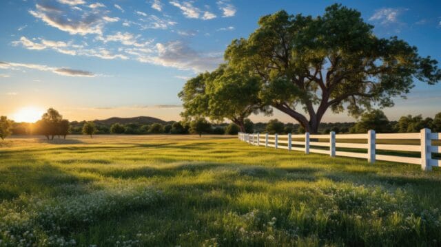 Vinyl ranch rail on grassy lawn in an open field roadside with trees in the background