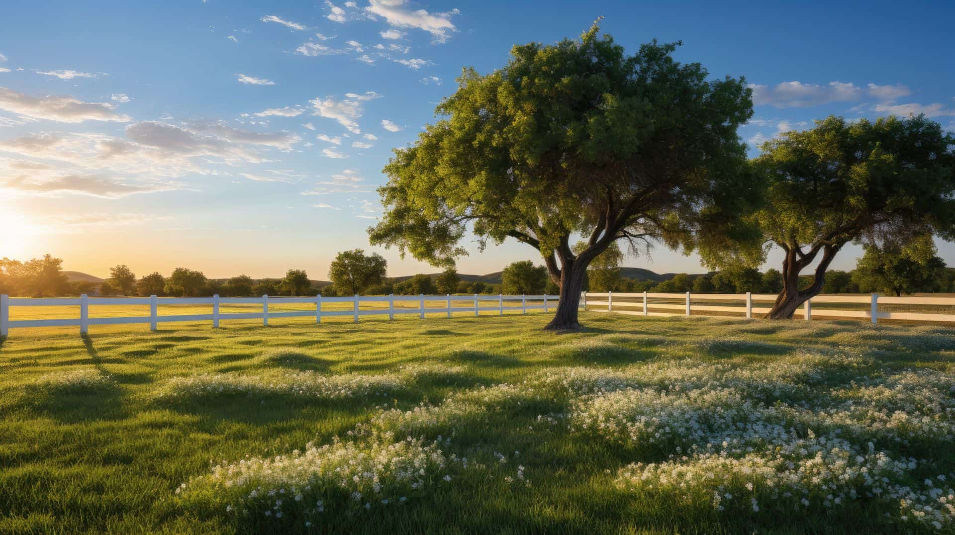 Vinyl ranch rail style fence surrounding grassy lawn, with trees in the background - picturesque countryside scene