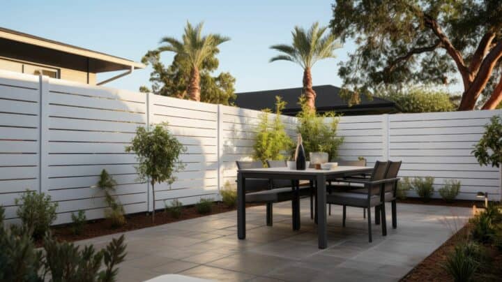 Vinyl semi-privacy fence surrounding small garden & grassy lawn, leading to a concrete walkway of Modern suburban house