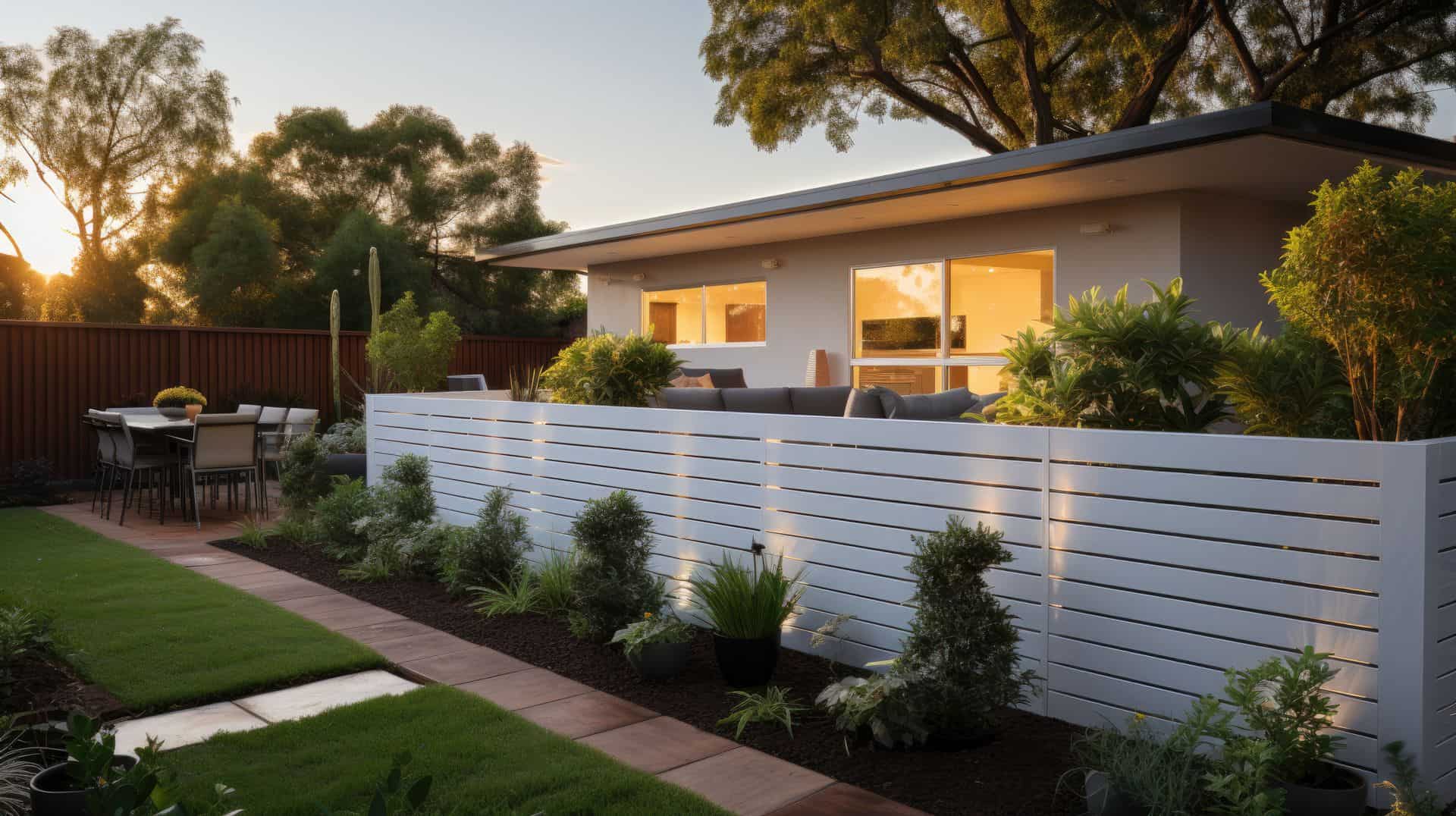 Vinyl semi-privacy fence surrounding small garden & grassy lawn, leading to a concrete walkway of Modern suburban house