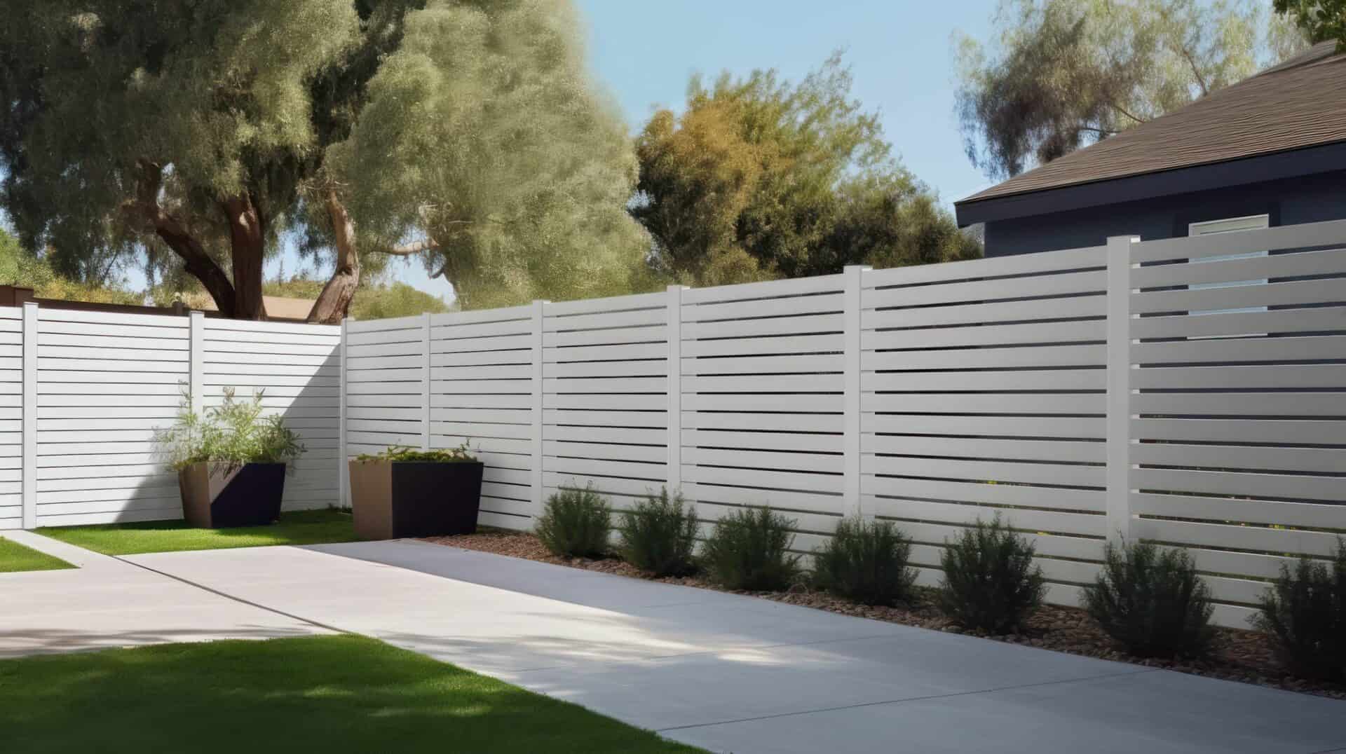 Vinyl semi-privacy fence & potted plants with concrete walkway on grassy lawn with trees in the background.