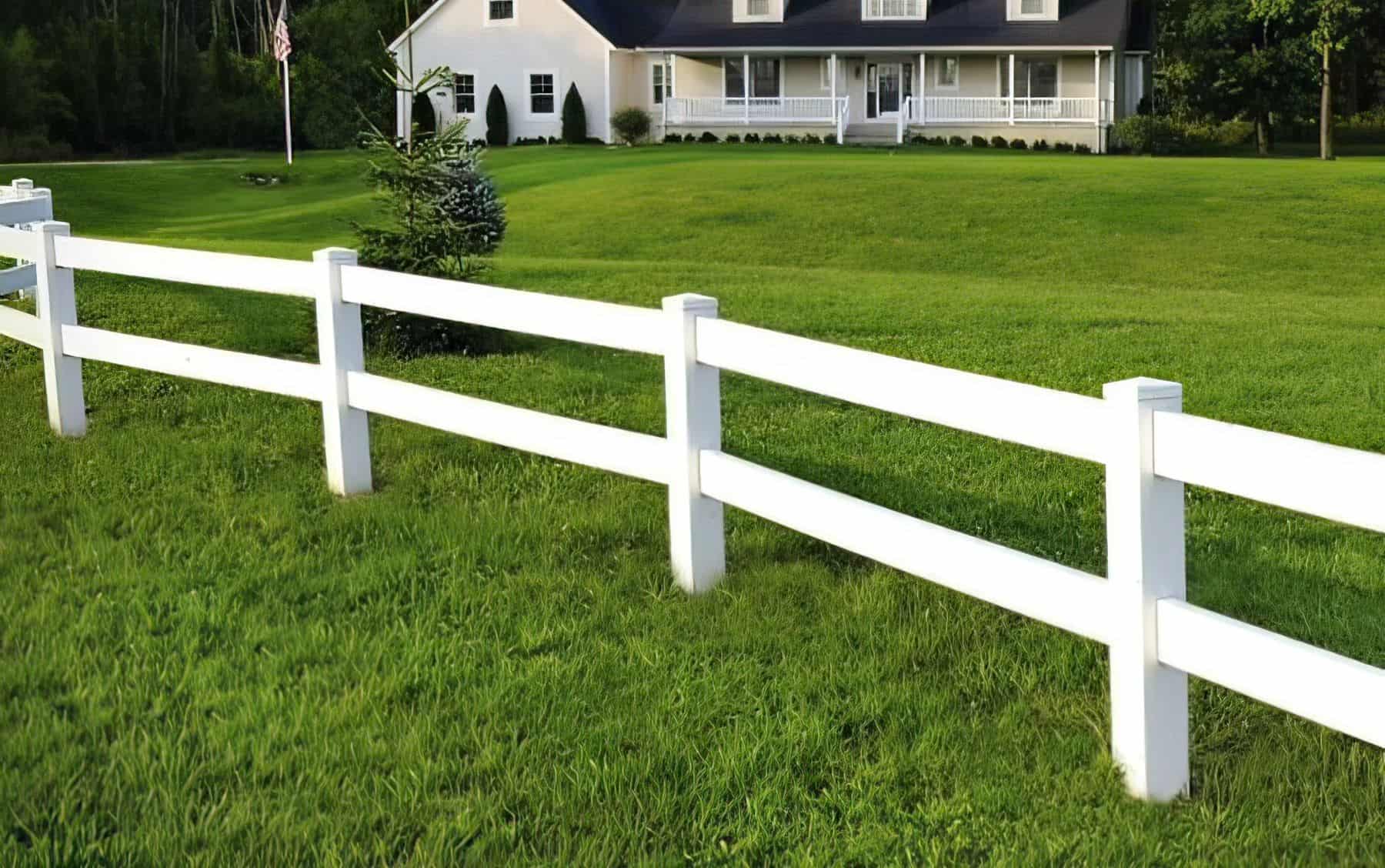 Vinyl 2-rail ranch fence in country setting: Rural home with open field, grassy lawn, and trees in the background.