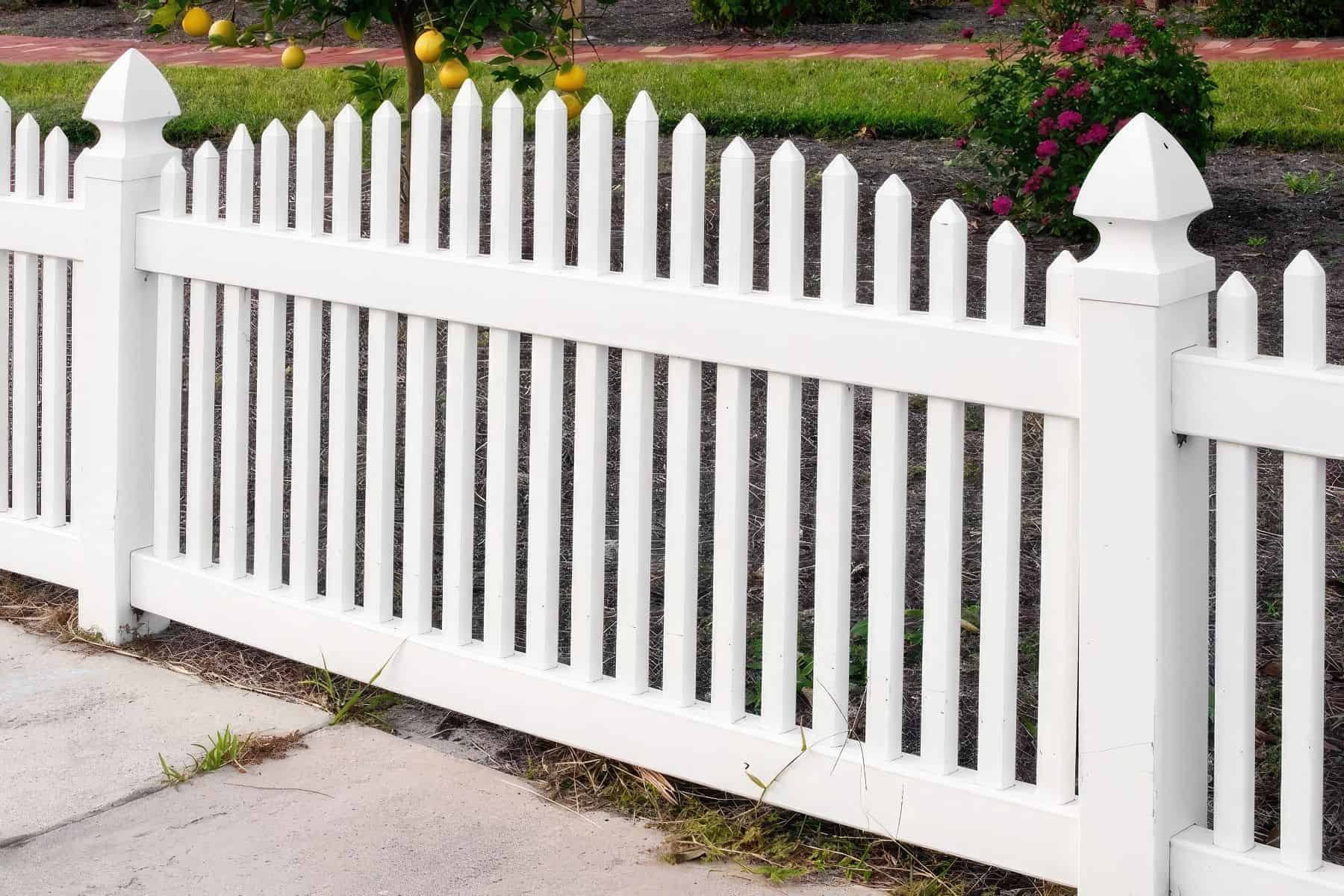 Vinyl arched picket fence borders concrete sidewalk; front lawn adorned with small plants & distant trees