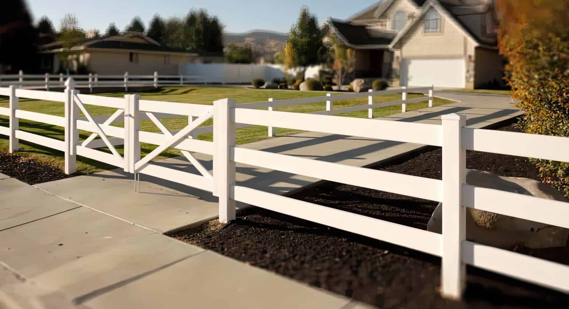 Vinyl cross rail ranch style fence on driveway leading up to modern suburban house with front lawn, garden and many trees
