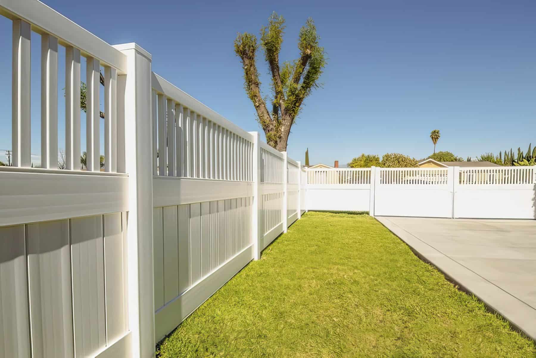 Vinyl privacy and picket fence with rolling gate leading into driveway beside the patch of grass from sidewalk with trees.
