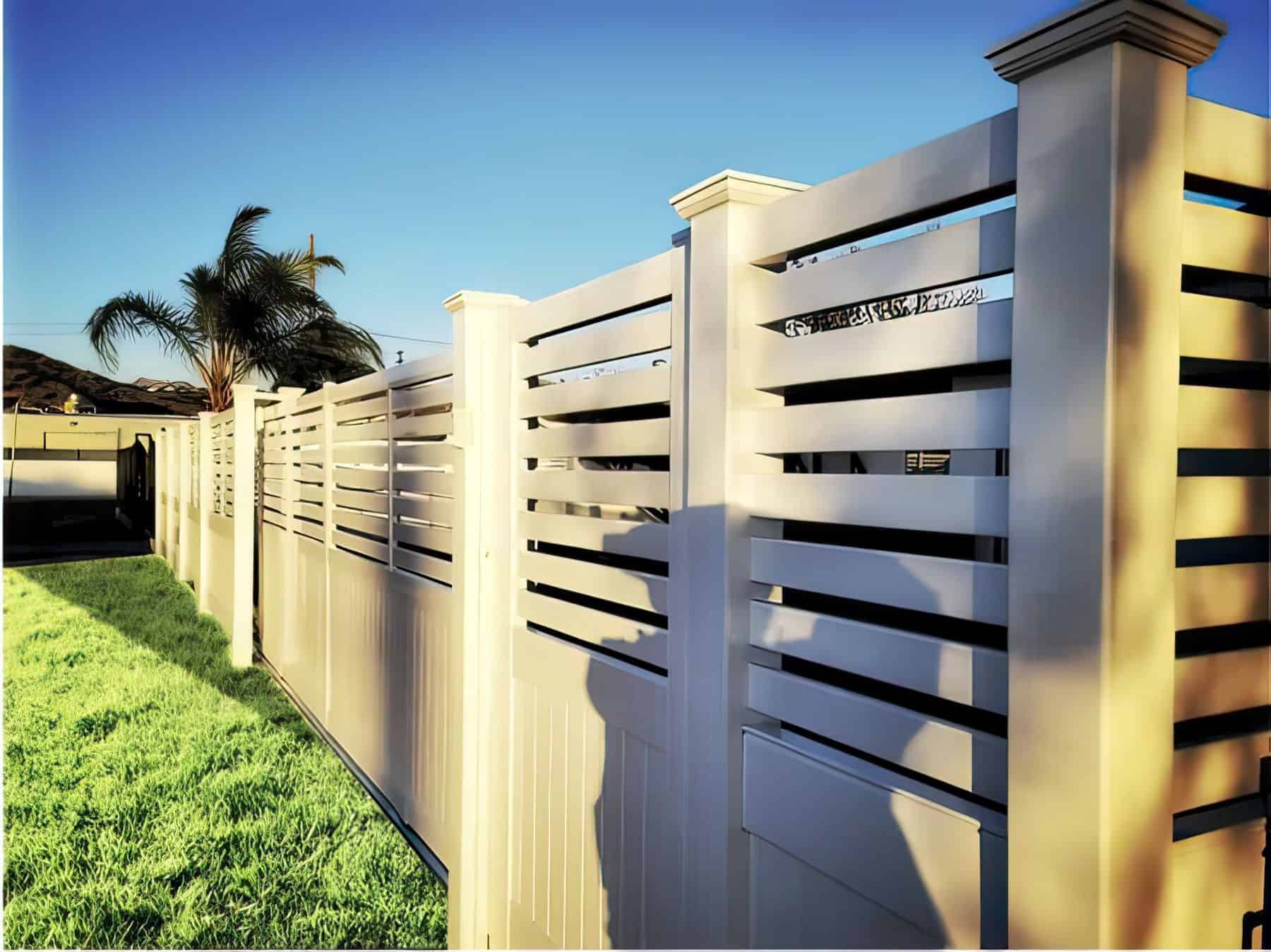 Vinyl privacy and picket fence with horizontal slats as a boundary around backyard featuring a lush green lawn.