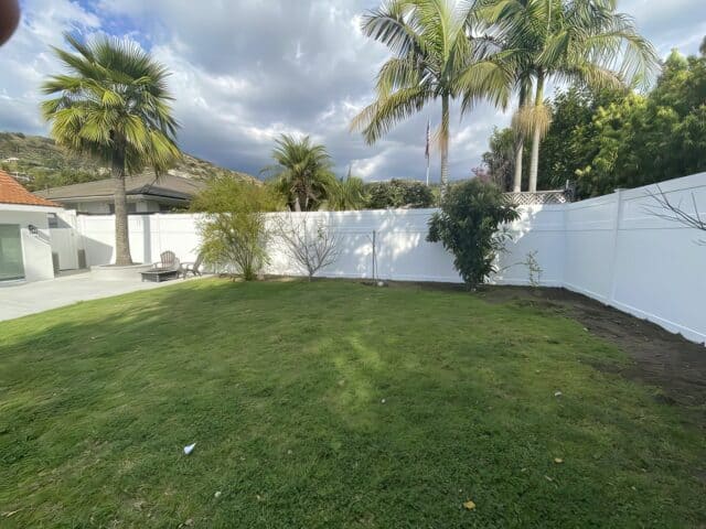 Vinyl privacy vertical fence as boundary for backyard with palm trees and plants leading into concrete walkway